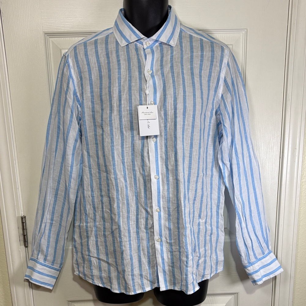 NWT 100 % Linen Porter & Ash Blue and White Striped Men's Shirt Size Medium